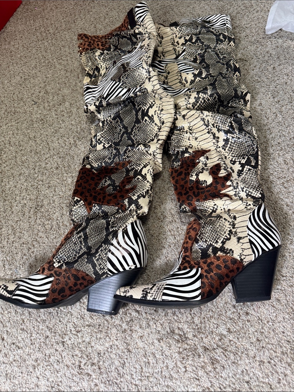 Mixed Animal Print Knee-High Boots in Brown, Black & White
